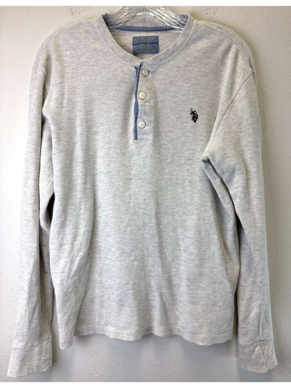U.S. Polo Assn Men’s Medium Gray Long Sleeve Henley Shirt Waffle Knit Preppy